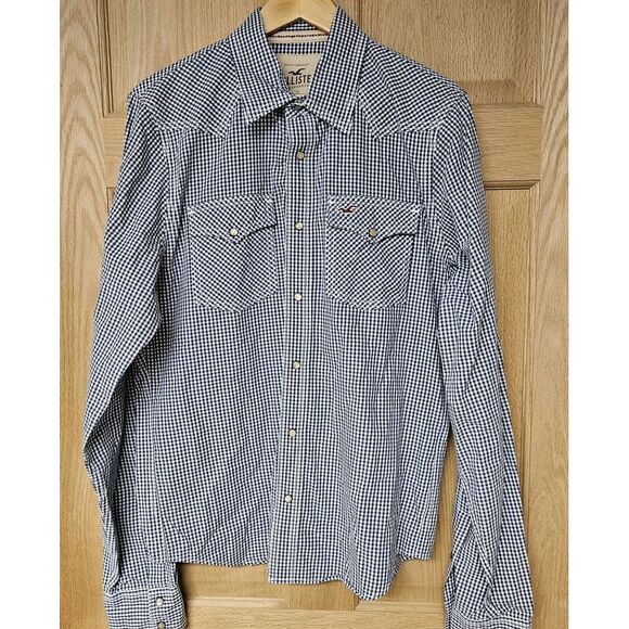 HOLLISTER Pearl Snap Long Sleeve Western Shirt Men's XLarge Blue And White Plaid - Picture 1 of 9